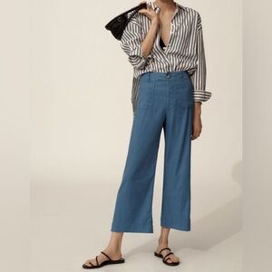 Anthropologie The Colette Cropped Wide-Leg Pants Linen Edition 30 Wedgewood NWT